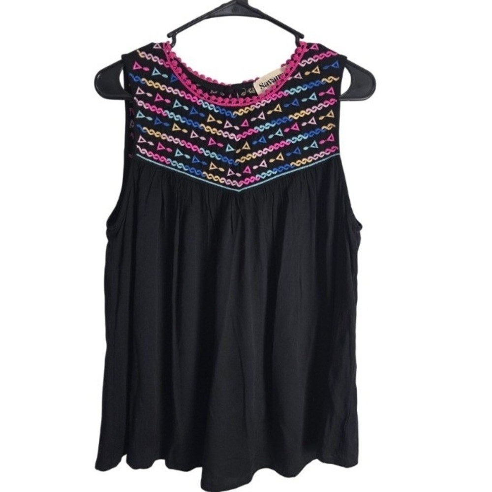 Savanna Jane Embroidered Tank Blouse S Womens Black Sleeveless‎ Flowy Artsy